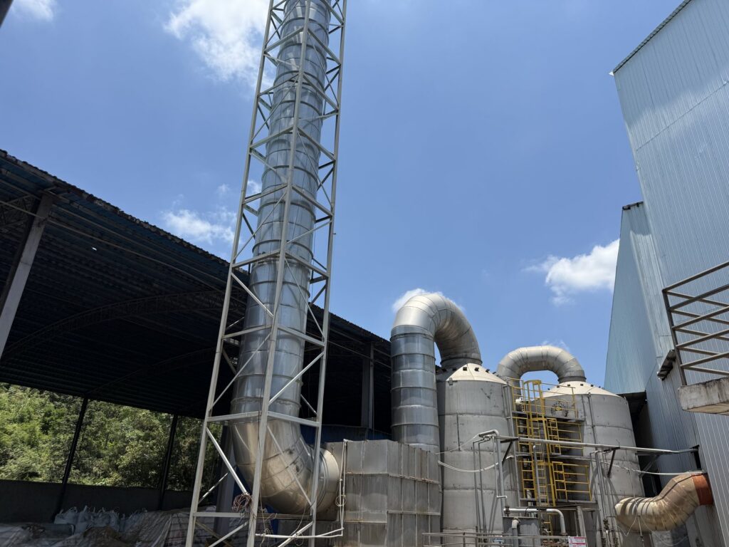 Exhaust ducting and scrubbers on lignosulfonate dryers